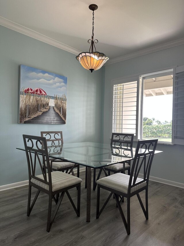 dining room with crown molding and dark wood-type flooring