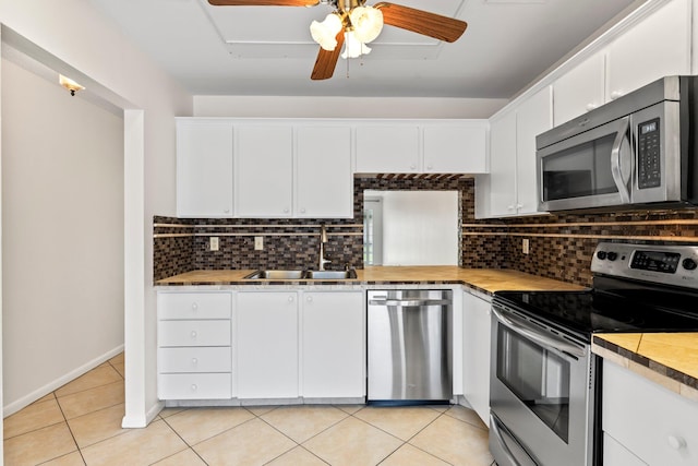 kitchen with decorative backsplash, sink, white cabinetry, light tile patterned floors, and appliances with stainless steel finishes