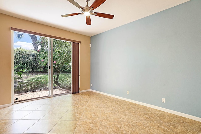 tiled empty room with ceiling fan