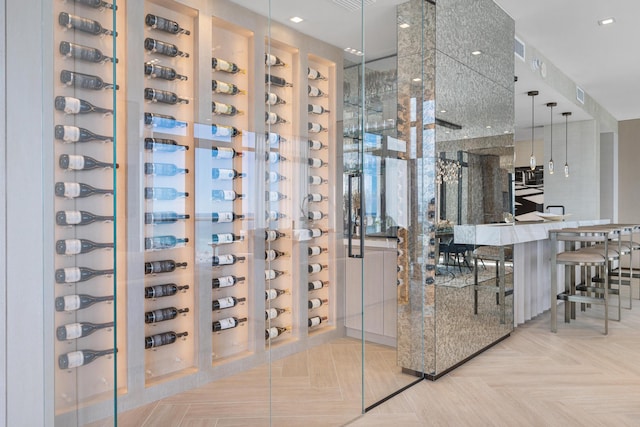 wine cellar with parquet flooring