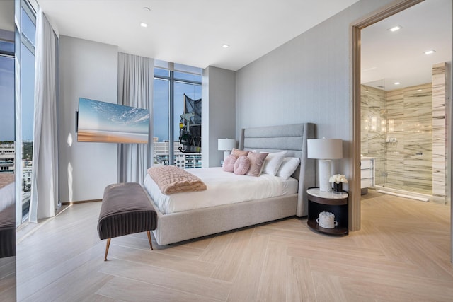 bedroom with light parquet flooring