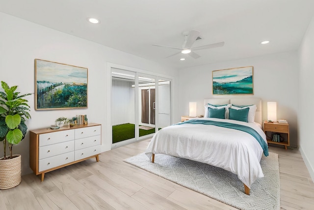 bedroom featuring access to exterior, ceiling fan, and light hardwood / wood-style floors