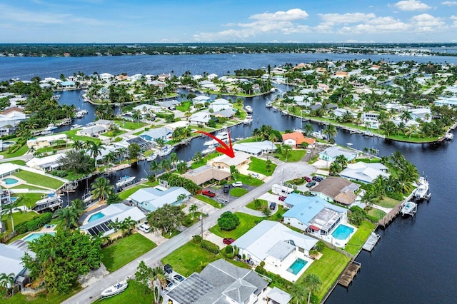 aerial view featuring a water view