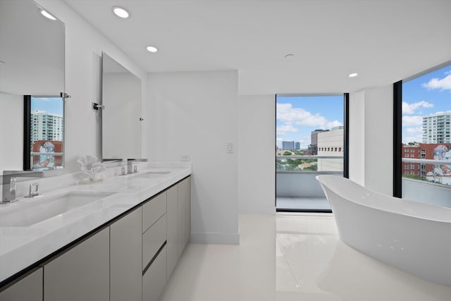 bathroom with vanity, a wealth of natural light, and a bathing tub