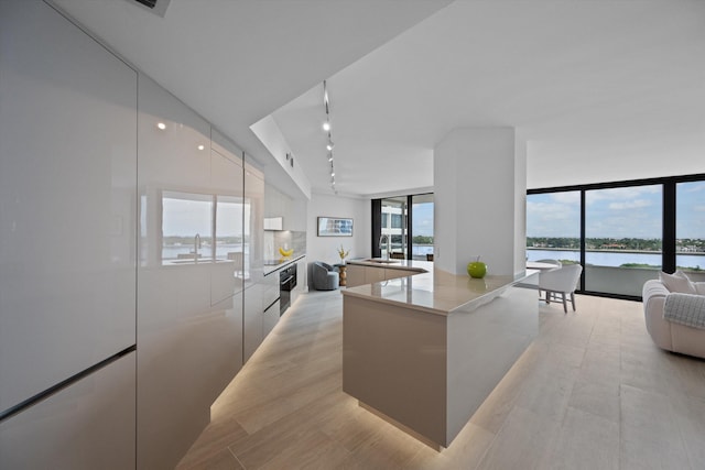 kitchen featuring a water view, white cabinetry, sink, and a wall of windows