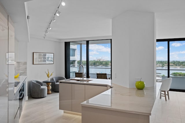 kitchen featuring white cabinetry, a water view, sink, and light wood-type flooring