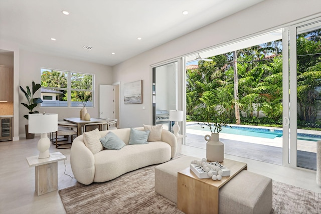 living room featuring wine cooler