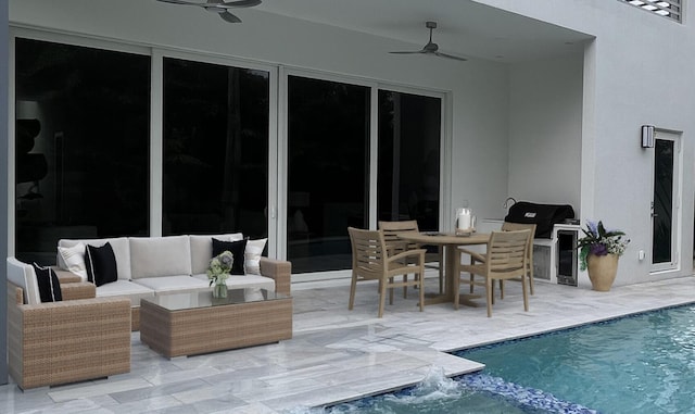 view of patio featuring ceiling fan, an outdoor hangout area, outdoor dining area, and an outdoor pool