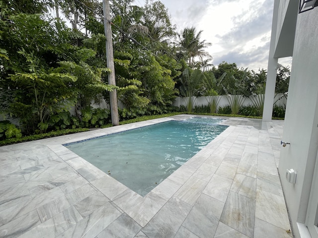 view of swimming pool featuring a patio and a fenced backyard