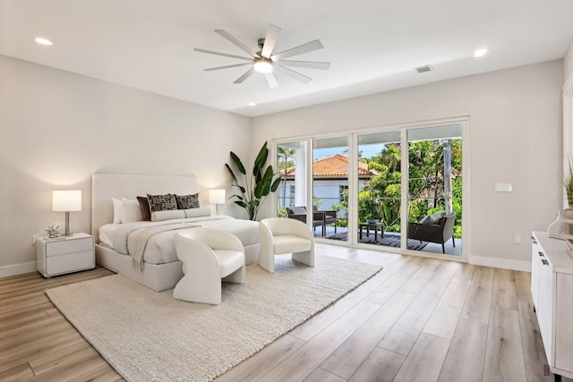 bedroom featuring ceiling fan, access to exterior, and light wood-type flooring