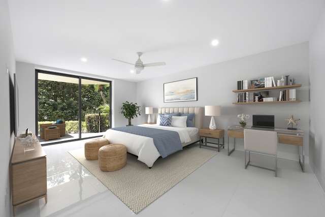 bedroom featuring ceiling fan and access to exterior