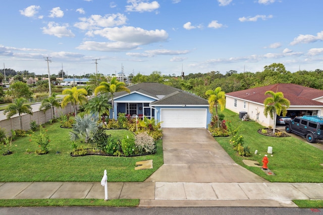 single story home with a front lawn, central AC unit, and a garage