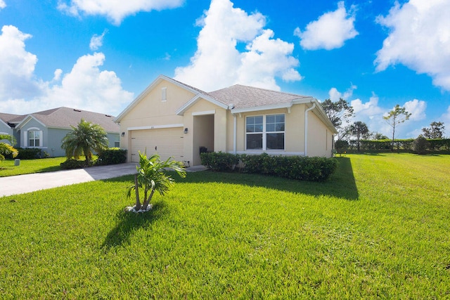 ranch-style house with a front yard and a garage