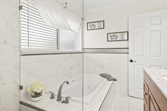 bathroom featuring crown molding, a relaxing tiled tub, vanity, and tile walls