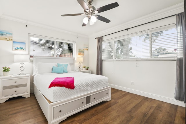 bedroom with ceiling fan, ornamental molding, and dark hardwood / wood-style floors