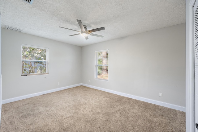 unfurnished room with a textured ceiling, a healthy amount of sunlight, and carpet floors