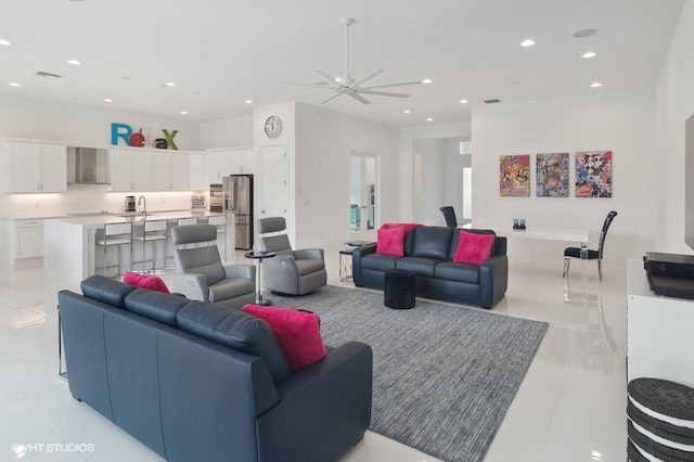 living room featuring light tile patterned flooring