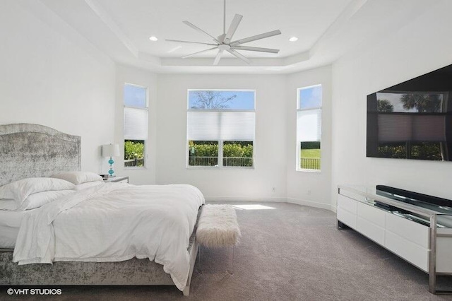 carpeted bedroom featuring a raised ceiling and ceiling fan