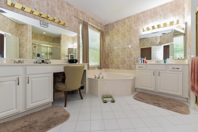 bathroom featuring vanity, tile patterned floors, and separate shower and tub