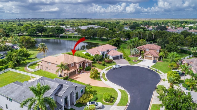 aerial view featuring a water view