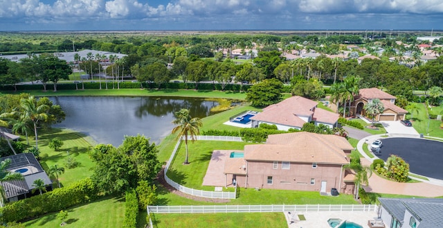 bird's eye view with a water view