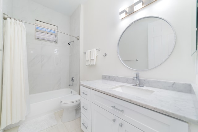 full bathroom with vanity, toilet, tile patterned flooring, and shower / tub combo with curtain