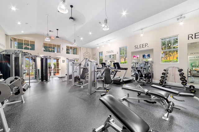 workout area featuring baseboards, visible vents, high vaulted ceiling, recessed lighting, and french doors