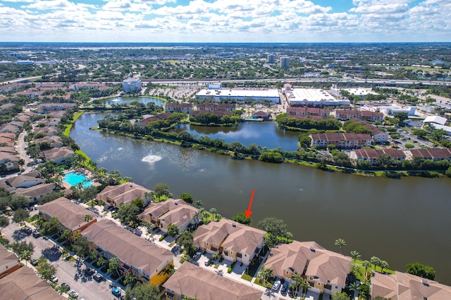 aerial view featuring a water view