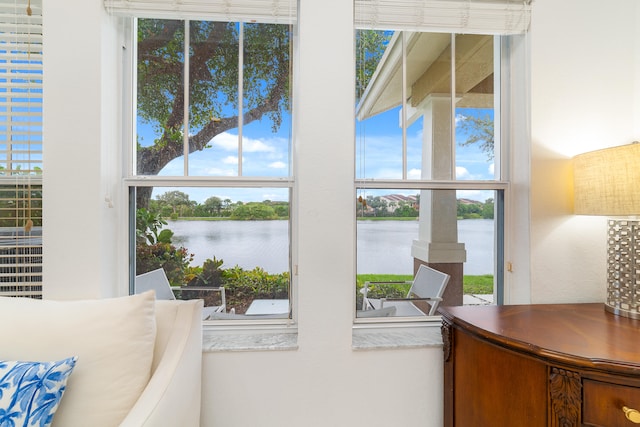 interior space with a water view