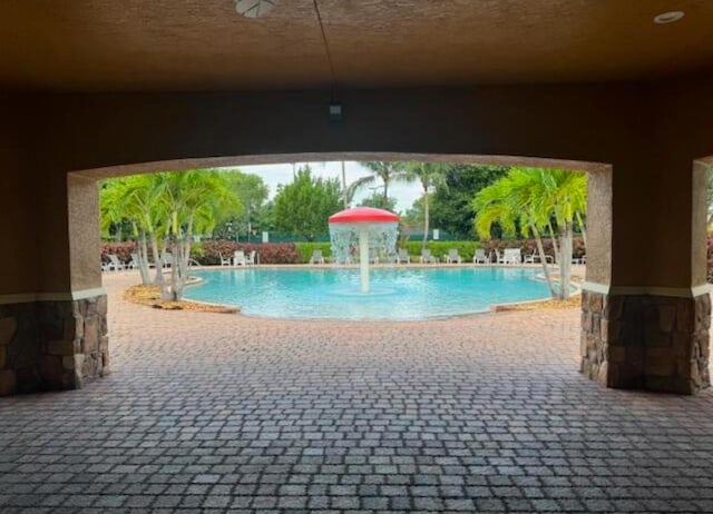 view of swimming pool with a patio area