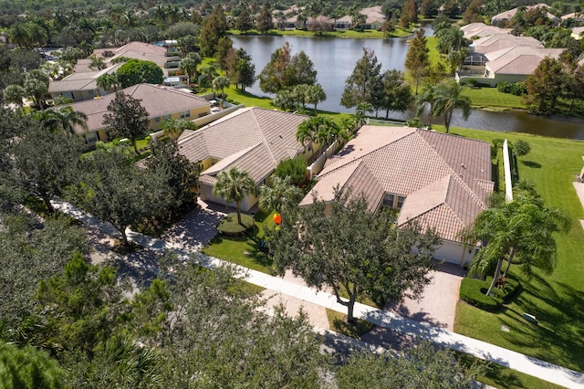 drone / aerial view featuring a water view