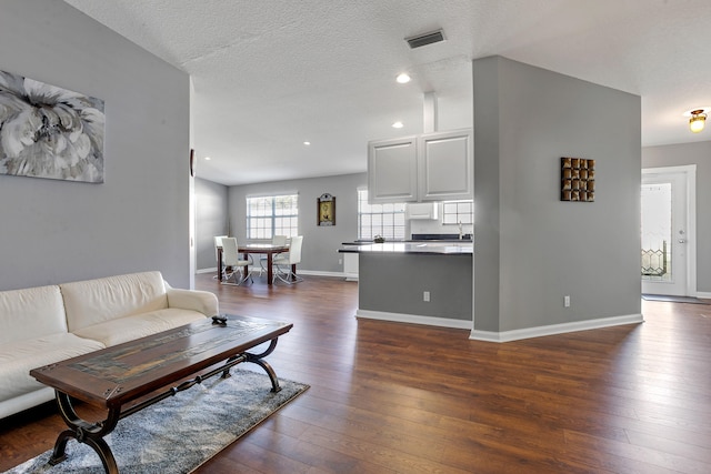 living room featuring a textured ceiling and dark hardwood / wood-style floors