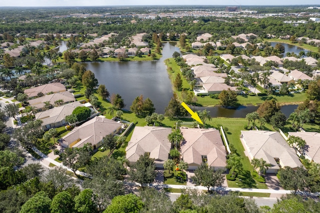 aerial view featuring a water view