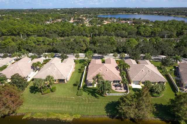 drone / aerial view featuring a water view