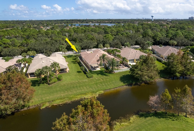 bird's eye view with a water view