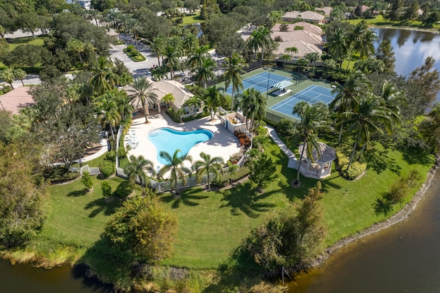 birds eye view of property featuring a water view