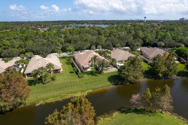 drone / aerial view featuring a water view