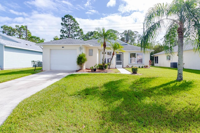 ranch-style house featuring a garage, central air condition unit, and a front lawn