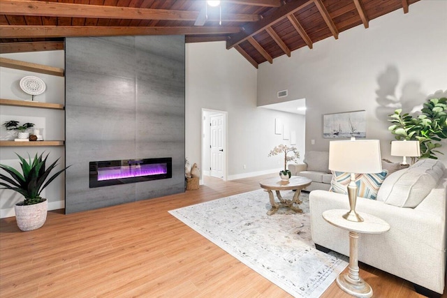 living room with wood ceiling, beam ceiling, high vaulted ceiling, wood-type flooring, and built in features