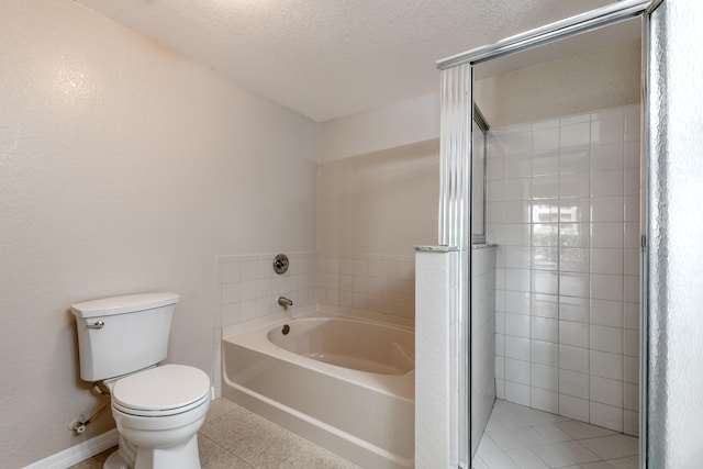 bathroom with toilet, independent shower and bath, a textured ceiling, and tile patterned flooring