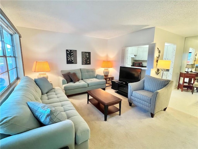 carpeted living room featuring a textured ceiling