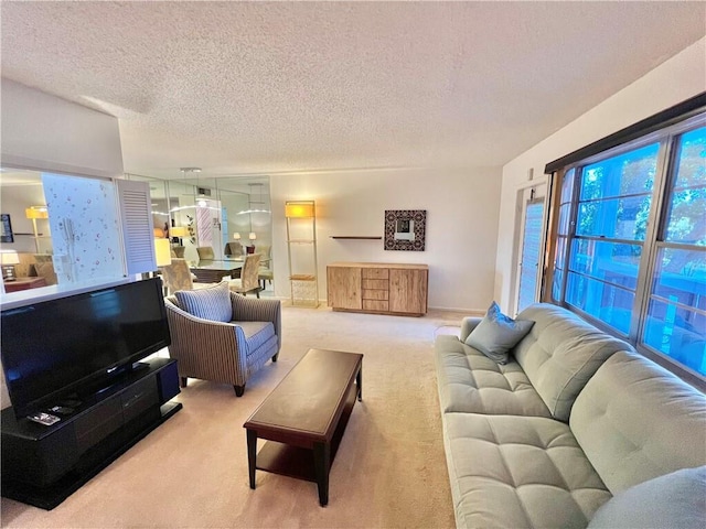 living room with carpet and a textured ceiling