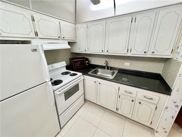 kitchen with white cabinets, light tile patterned floors, sink, ventilation hood, and white appliances