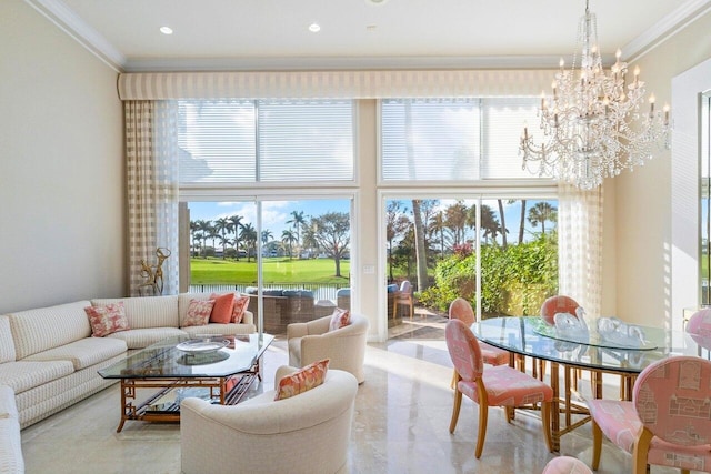 sunroom / solarium with a chandelier