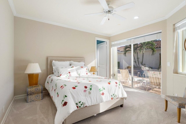 bedroom with light carpet, access to exterior, crown molding, and ceiling fan