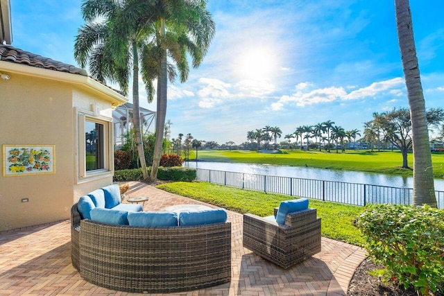 view of patio featuring a water view