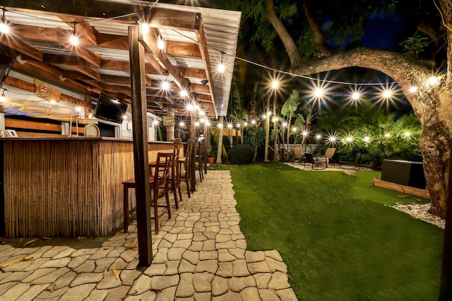 view of yard with a patio area and an outdoor bar