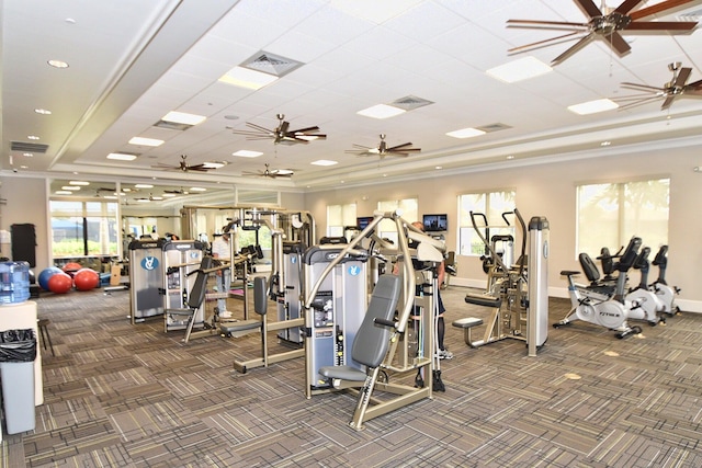 exercise room with crown molding, carpet floors, and a tray ceiling