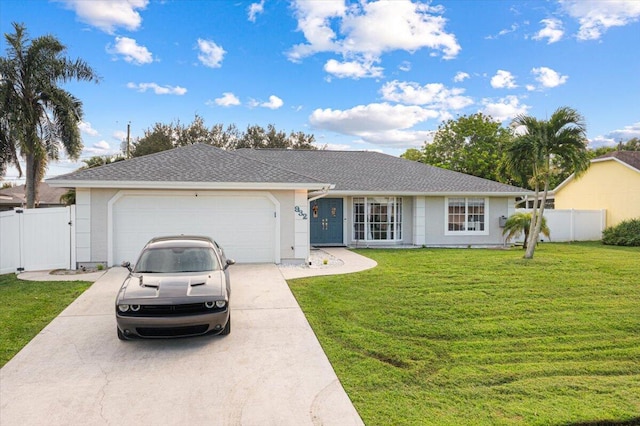 ranch-style home with a front yard and a garage