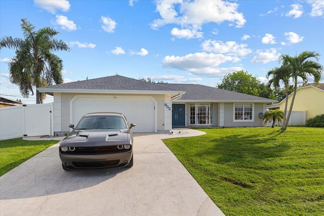 ranch-style house with a garage and a front lawn